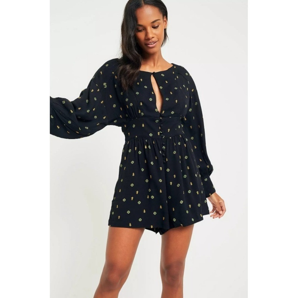Free People Black Love Grows Long Sleeve Keyhole Romper Garden Print S - Picture 4 of 15